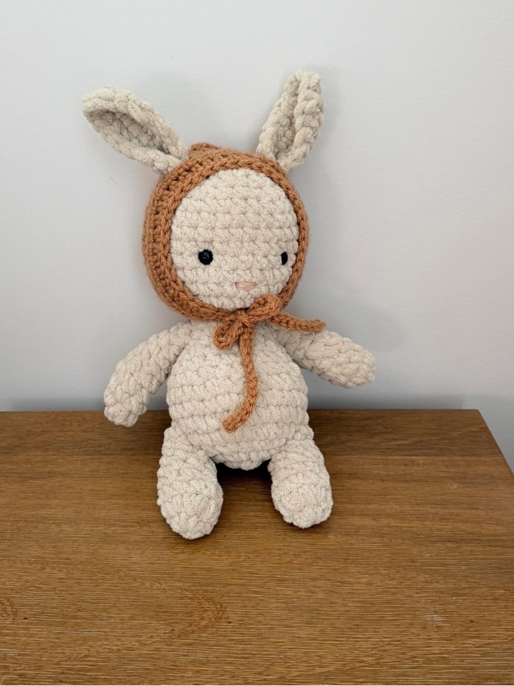 Handmade Plush Bunny with Rust Bonnet - Cream